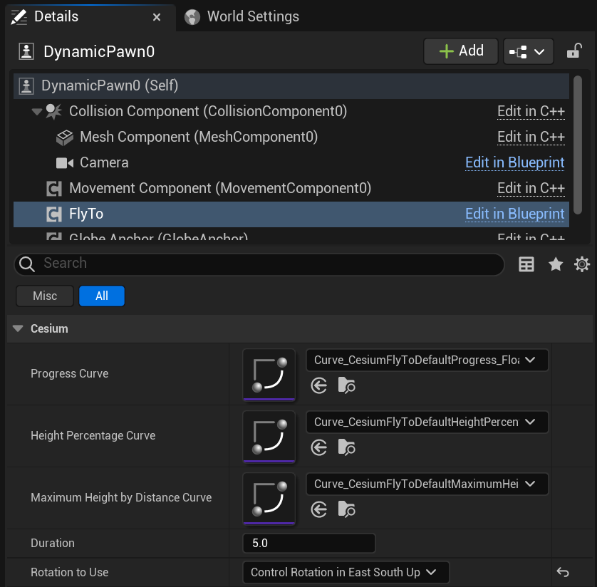 A screenshot showing the settings on the DynamicPawn's FlyTo component.