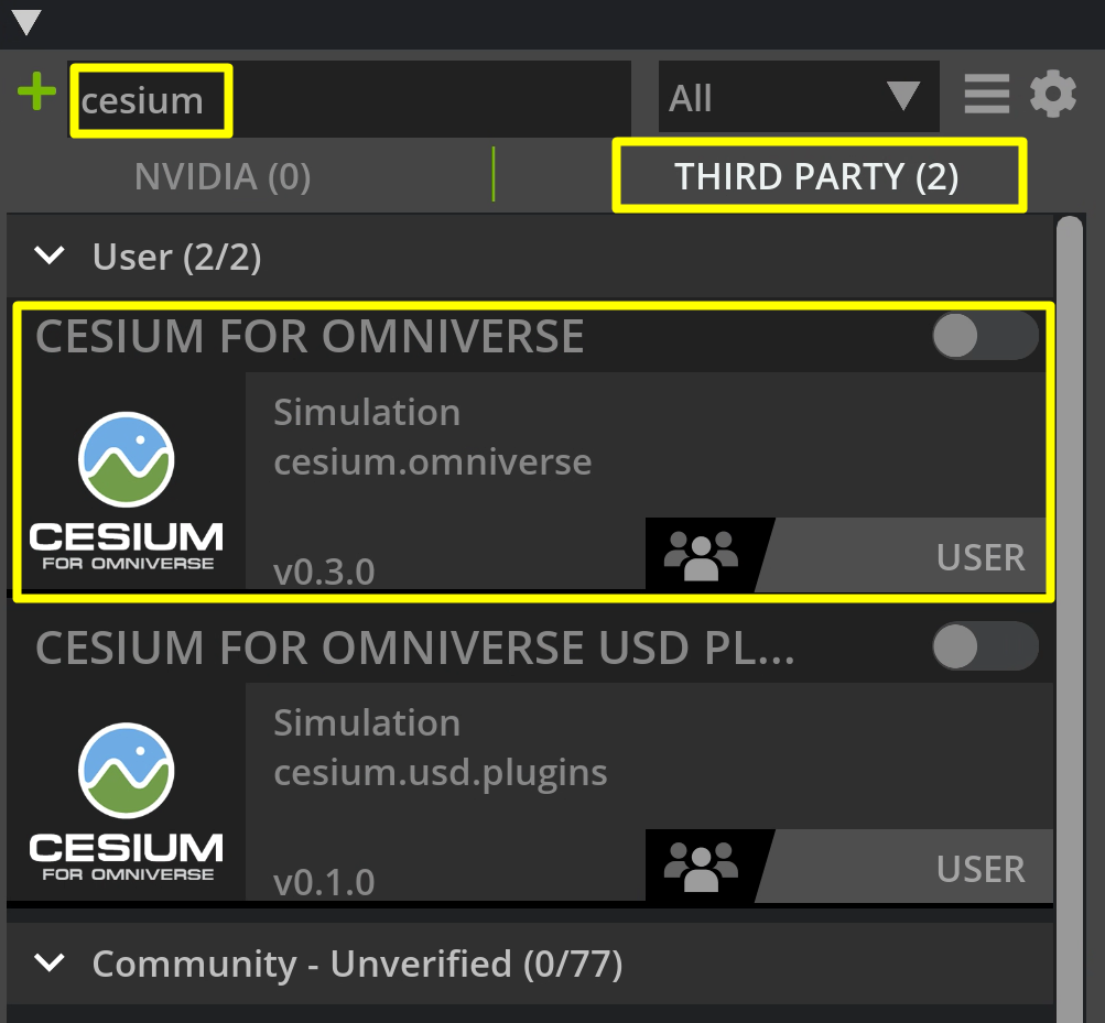 Search for the Cesium for Omniverse extension under the Third Party section of the Extensions list and select it from the list.