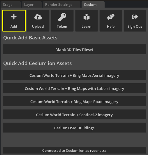 Click the Add button to open the Cesium ion Assets panel.