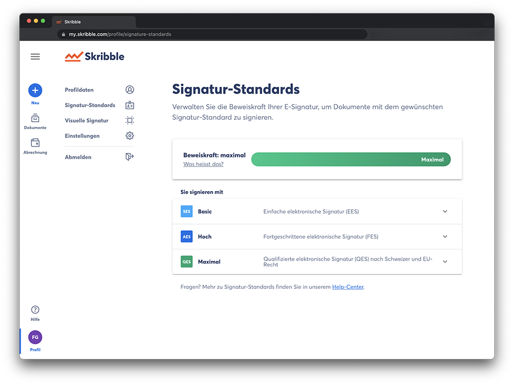 Die verfügbaren Signatur-Standards auf der E-Signing-Platform von Skribble (Quelle: Skribble)