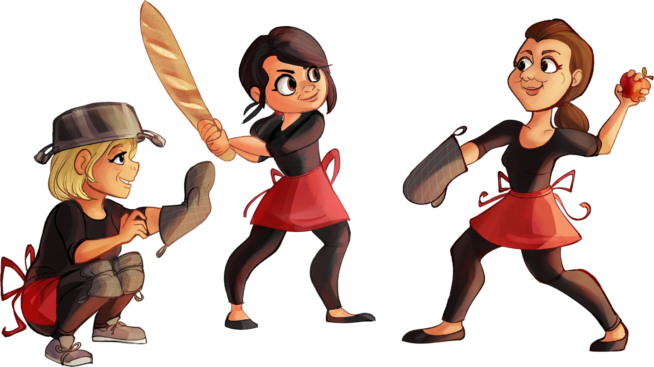 An illustration of Colleen, Stephanie and Christina dressed in makeshift baseball attire using every-day kitchen items, playing with food.