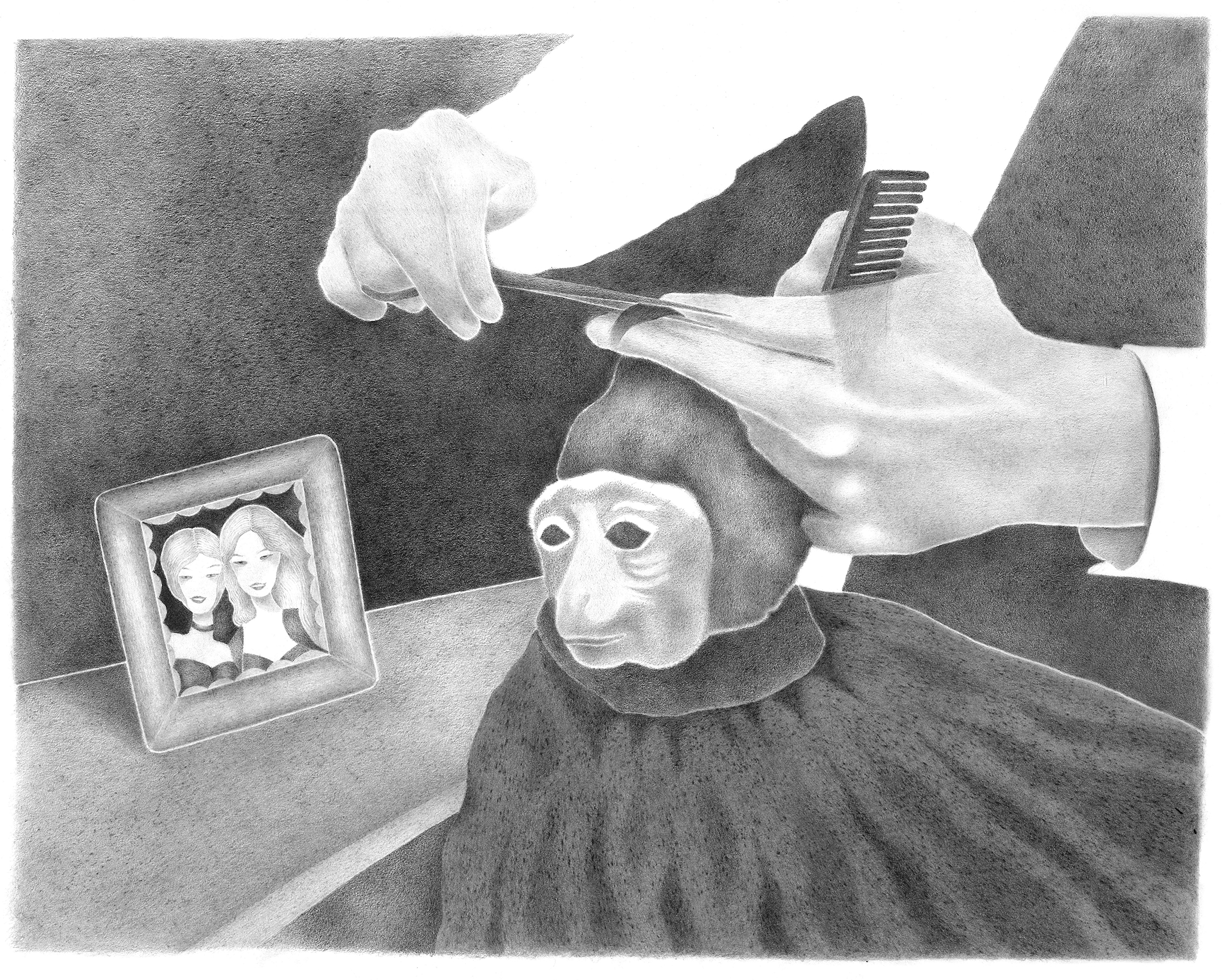 Artist, American, Code Man, Monkey Getting a Haircut, Drawing, Graphite, Still Life, Conceptual, Fine Art, Surrealism, Realism, Cartoon, Figurative Artwork