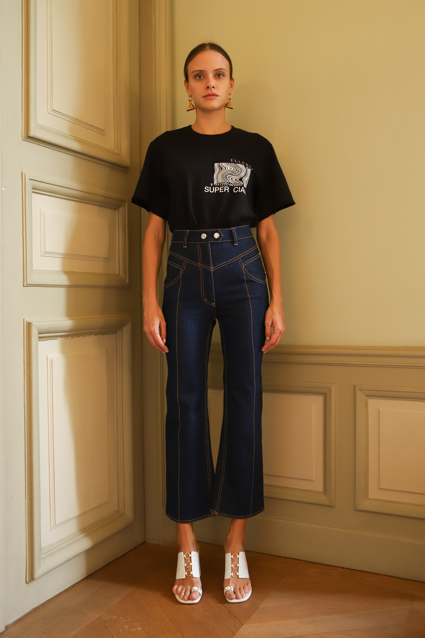 Ellery Super Ciao T Shirt in Black Cropped Flared Jeans in Blue Spring 20 RTW