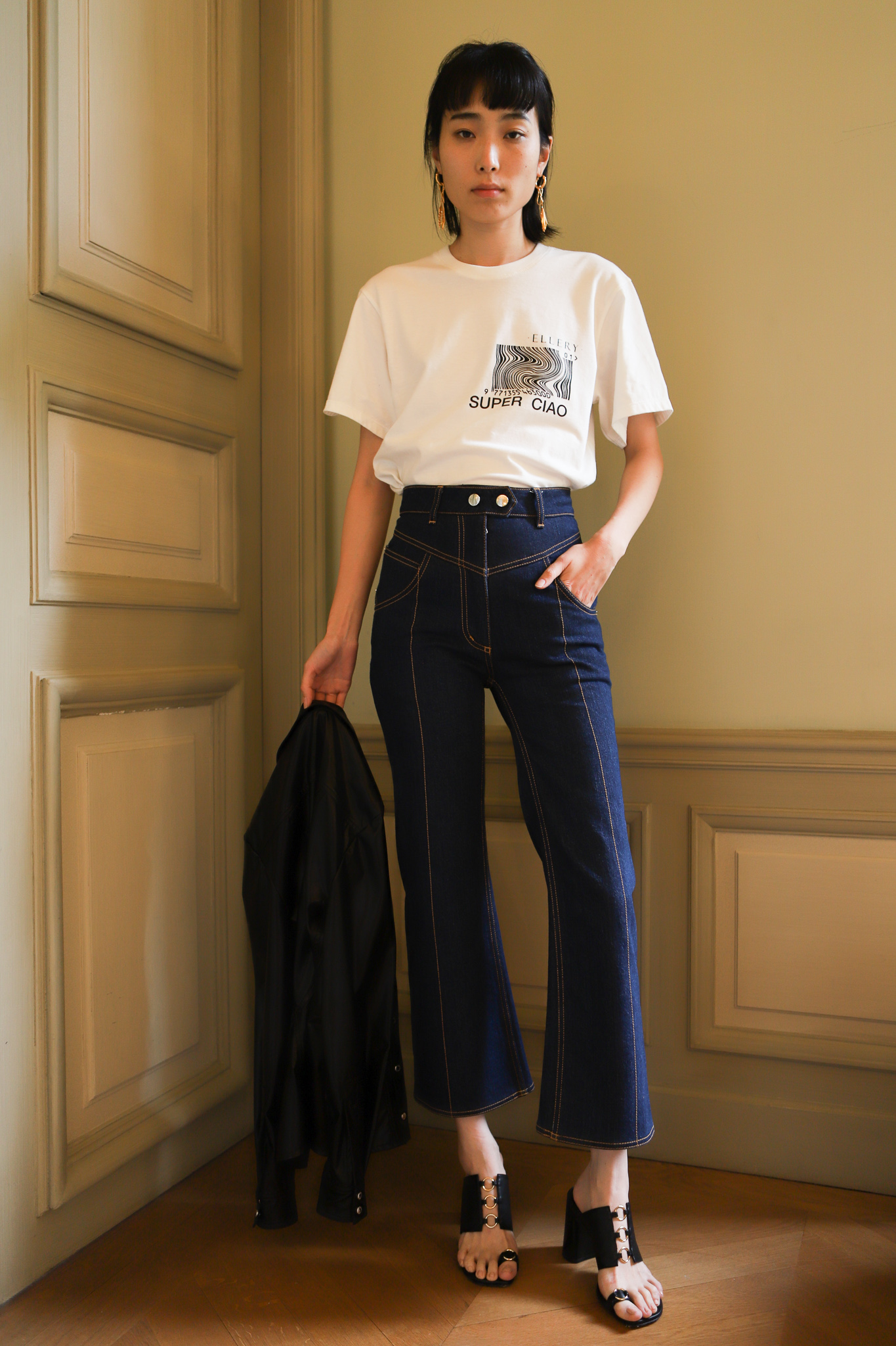 Ellery Super Ciao T-Shirt in White Cropped Flared Jeans in Blue Spring 20 RTW