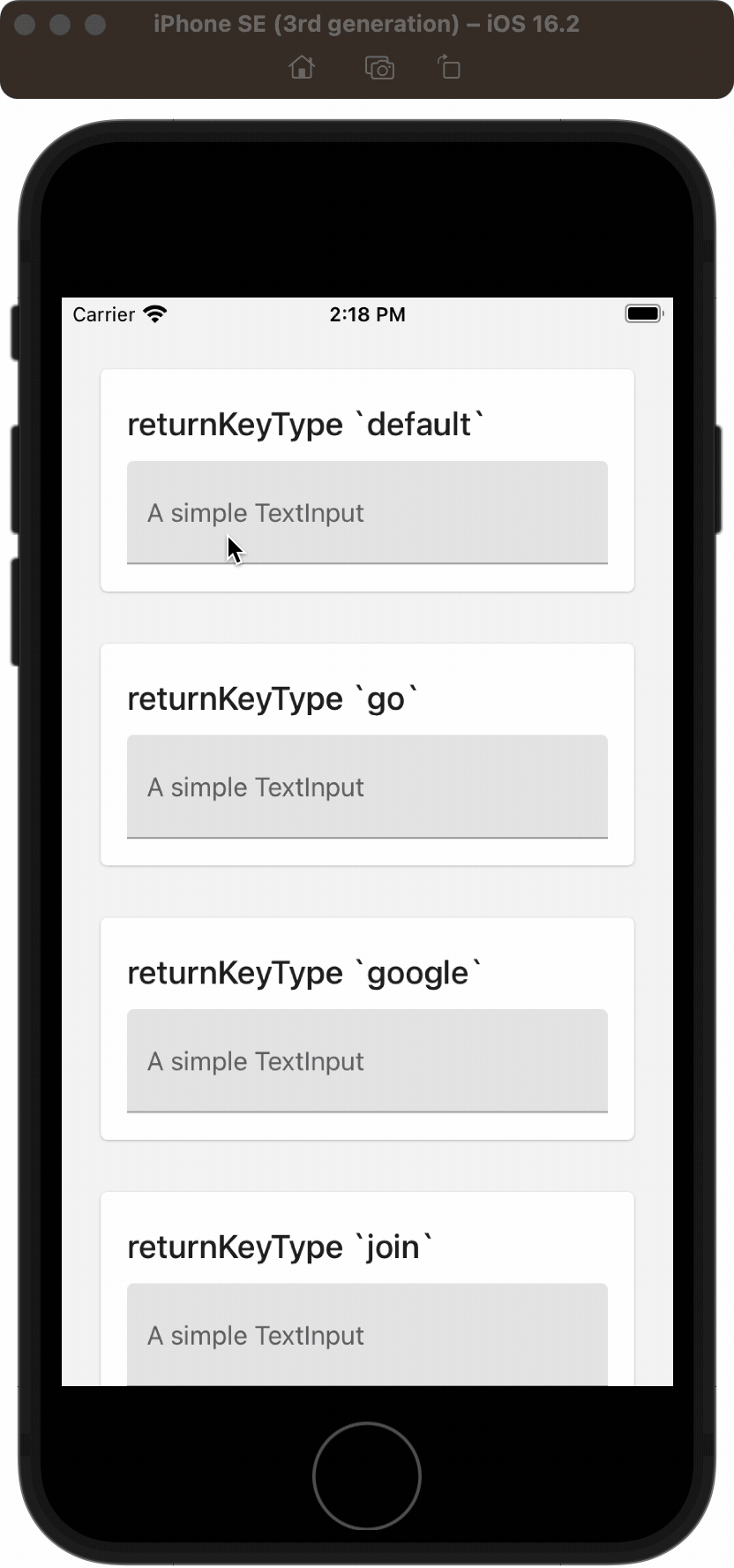 React Native returnKeyType props by example on iOS