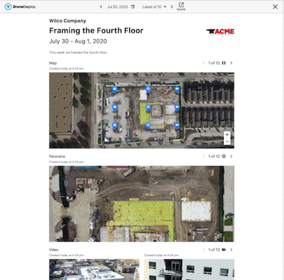 Enhanced Progress Reports allow you to give team members a full view of a project with visual media including maps, panos, videos, and photos.