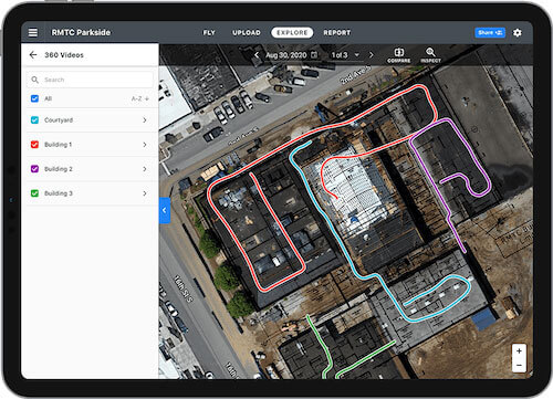 DroneDeploy's 360 Virtual Walkthroughs visualize the path taken by the 360 camera throughout the jobsite.