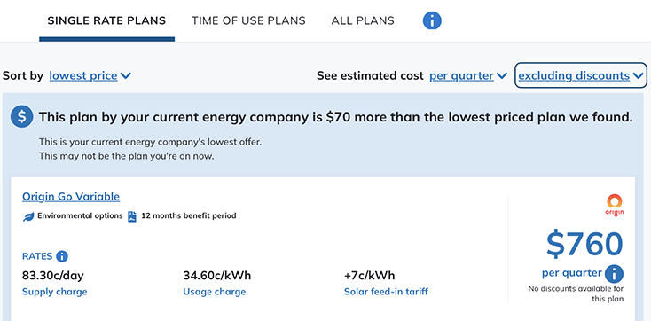 Energy Made Easy default plan search results view, with options to view 'Single rate plans', 'Time of use plans' or 'All plans'.