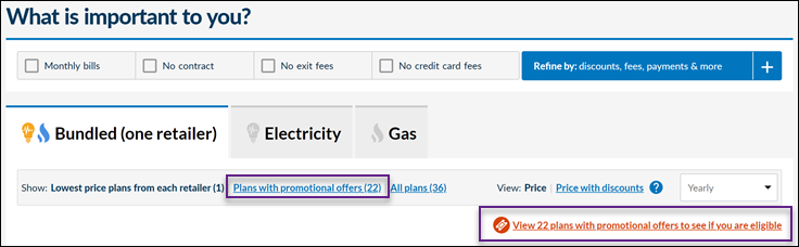 Energy Made Easy plan search results page menu options with 'Show Plans with promotional offers' view link and promotional offers alert label outlined.
