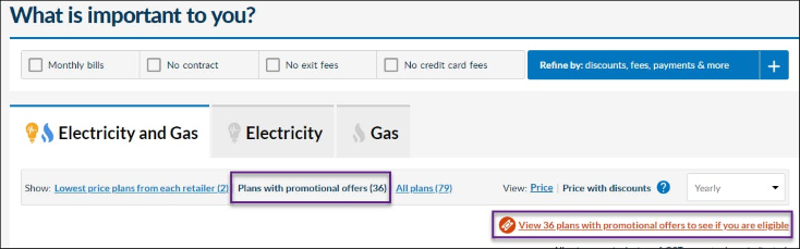 Energy Made Easy plan search results page menu options with 'Show Plans with promotional offers' view link and promotional offers alert label outlined.