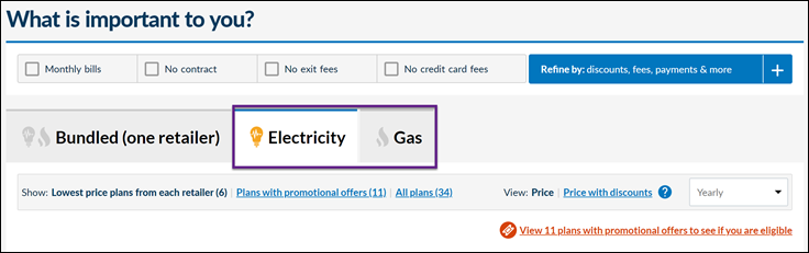 Energy Made Easy plan search results page menu options with the individual 'Electricity' and 'Gas' plan view tabs outlined.