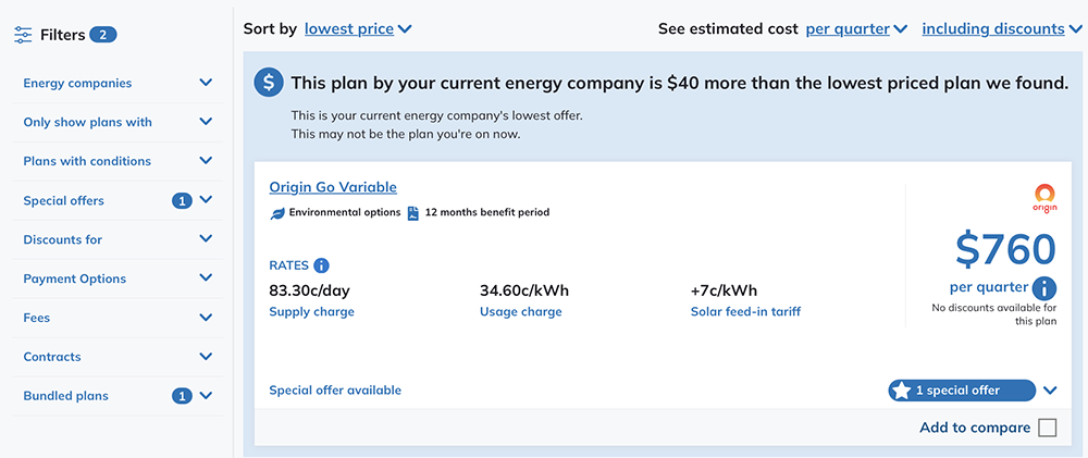 Energy Made Easy filter menu options on the left-hand side of the energy plan results page.