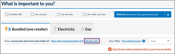 Energy Made Easy plan search results page menu options with 'Show All plans' view link outlined.