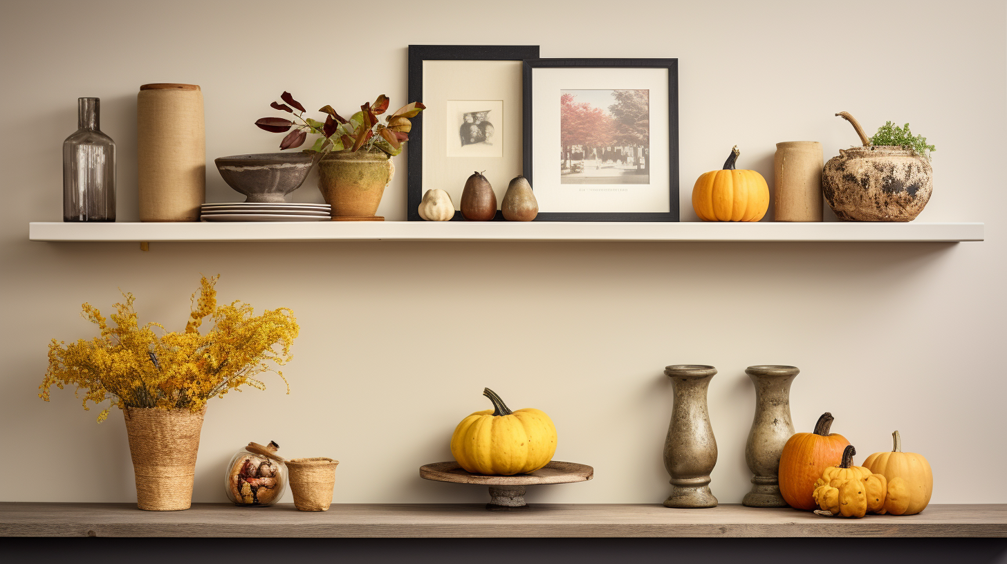 A photograph of a kitchen with stylish floating shelves decorated with small gourds, wire baskets, and framed art in autumn hues. The décor is tastefully arranged, creating a harmonious and inviting atmosphere.
