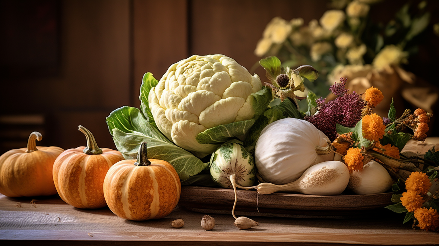 A photograph capturing a kitchen table centerpiece with an array of fresh autumn produce like pumpkins, pears, and artichokes. The colors are rich and earthy, set against a warm-toned kitchen background. Soft, diffused lighting enhances the natural textures. 