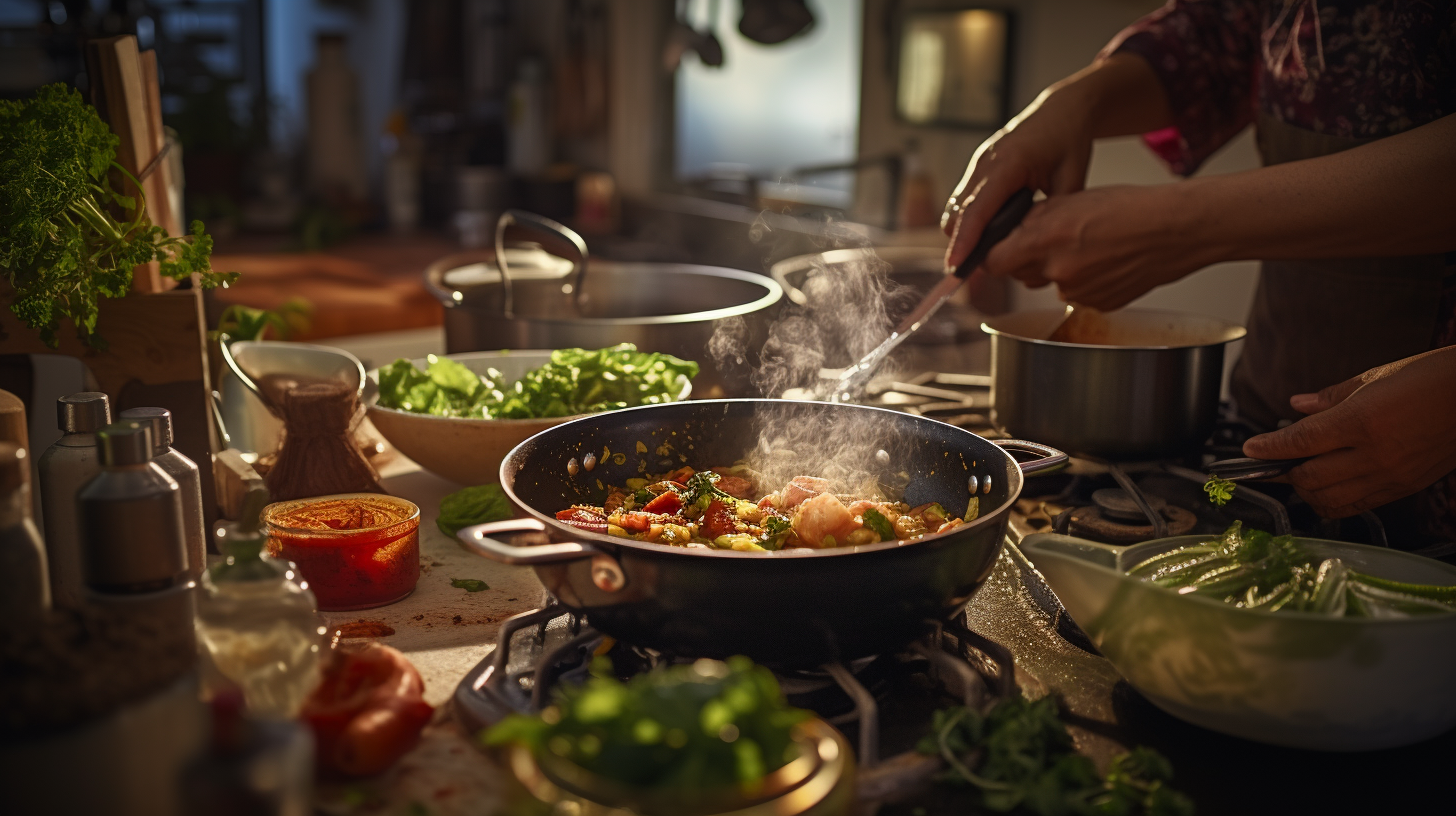 A photograph of a kitchen in action, with someone preparing a hearty soup. Ingredients and cookware are laid out, capturing the essence of holiday cooking. The lighting is bright and cheerful, emphasizing the joy of cooking. 