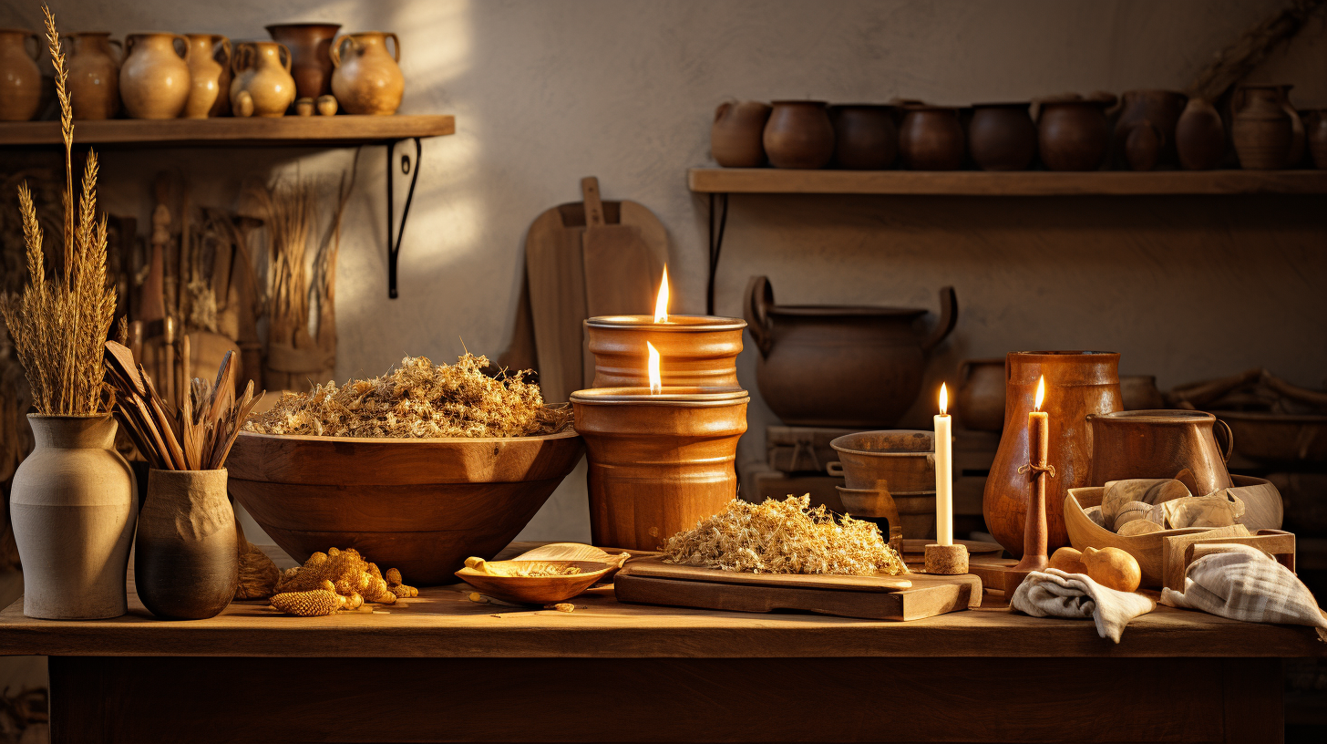 A photograph of a kitchen scene featuring wooden plaques and decorative wooden bowls, complemented by rustic copper accents like vases and candle holders. The scene evokes a sense of warmth and coziness, with soft, golden lighting.