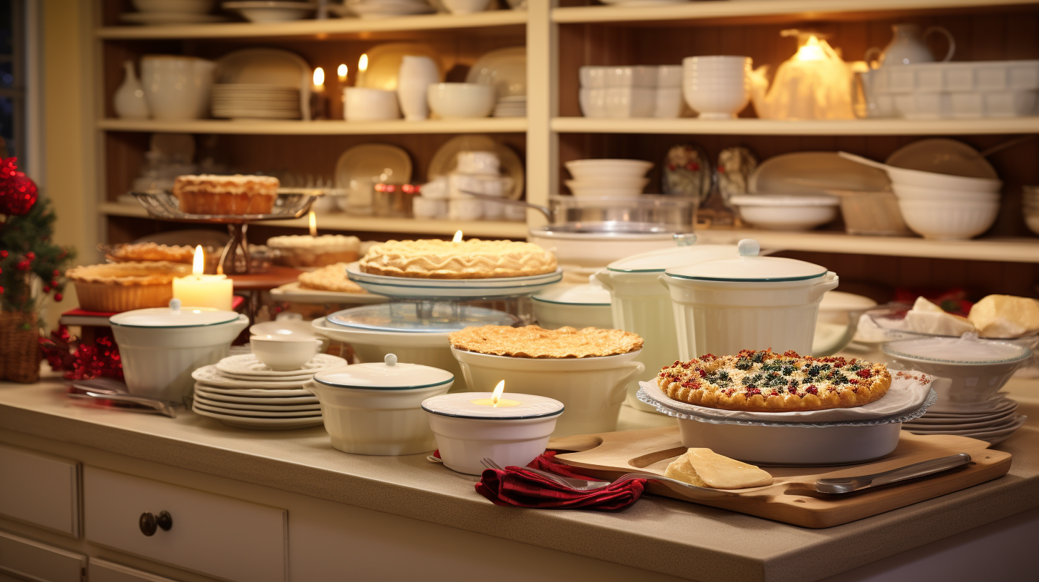 A photograph of a well-organized kitchen, showcasing pie and casserole dishes ready for the holiday season. The kitchenware is displayed elegantly, with a focus on cleanliness and order. Soft, warm lighting enhances the homey feel. 