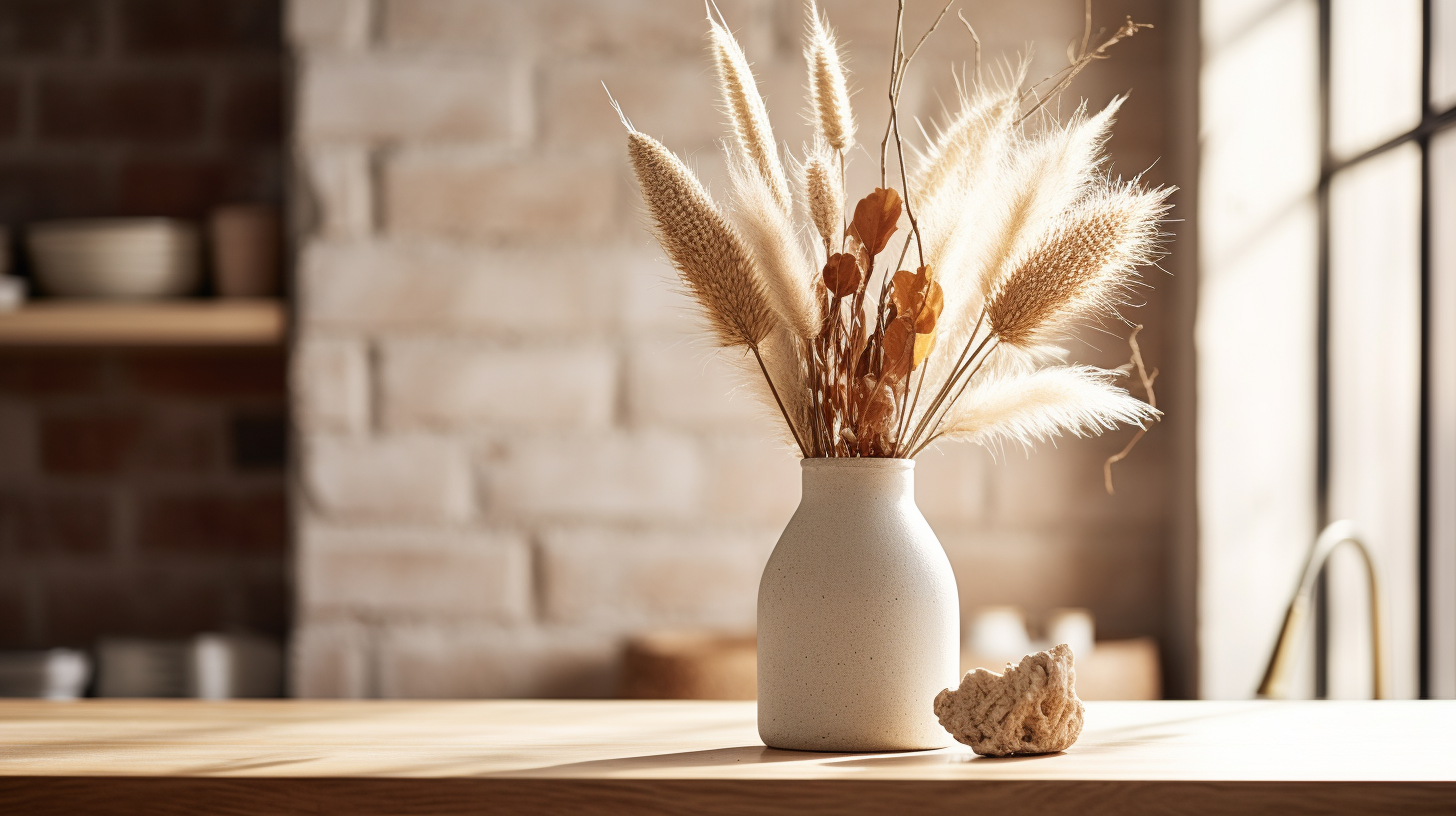 A photograph of a rustic kitchen, with pampas grass and bunny tail flowers in an earthy ceramic vase. The dried flowers are displayed prominently on a kitchen island, bringing a burst of muted fall colors to the scene. Natural, soft lighting highlights the textures. 
