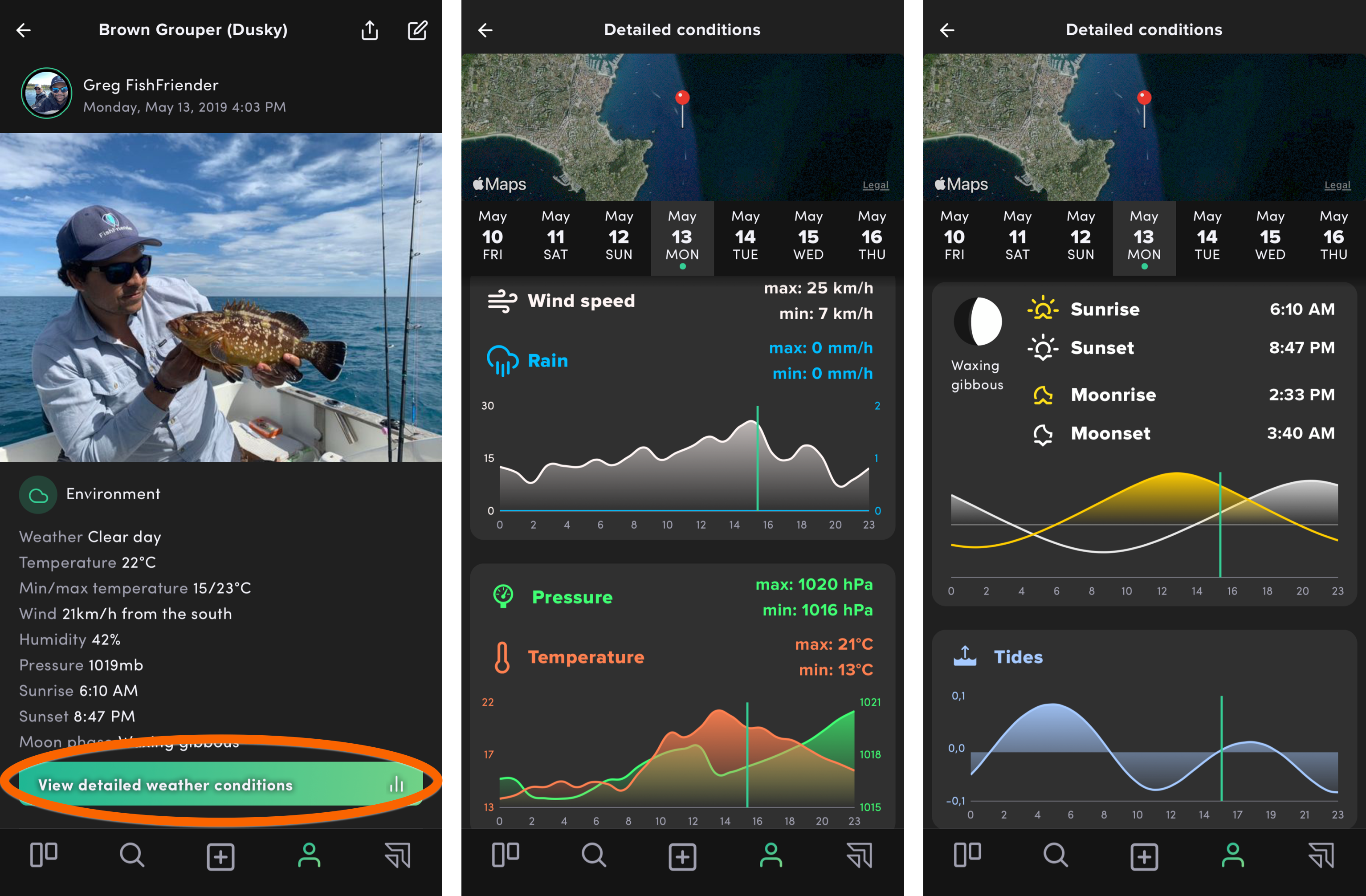 View fishing detailed weather conditions