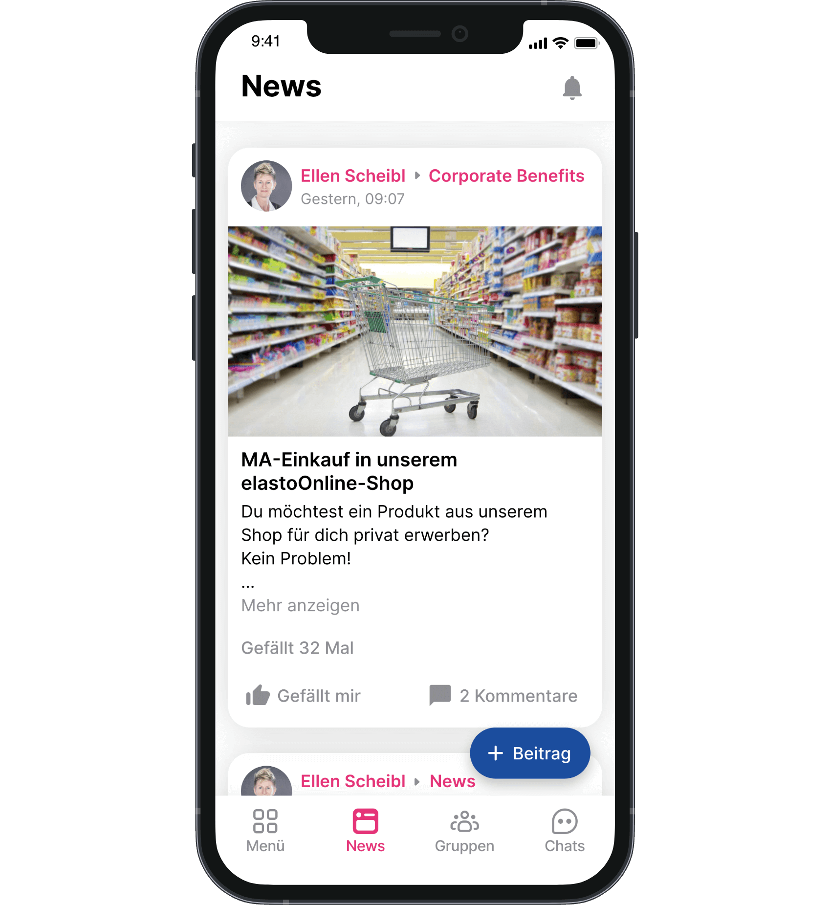 Screenshot eines Beitrags aus der elasto Mitarbeiter-App, dargestellt auf einem Smartphone