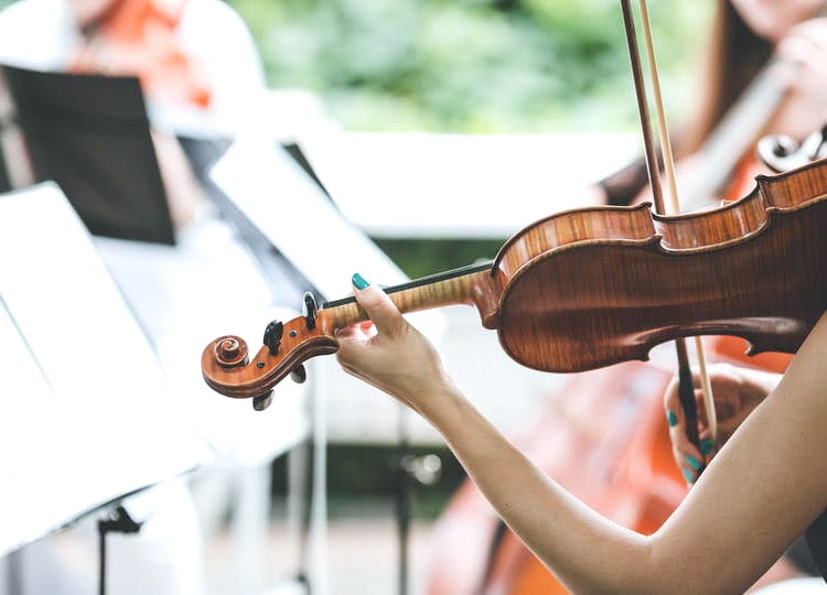 Yakın plan çekimde orkestra içerisinde olan bir kadın keman çalıyor.
