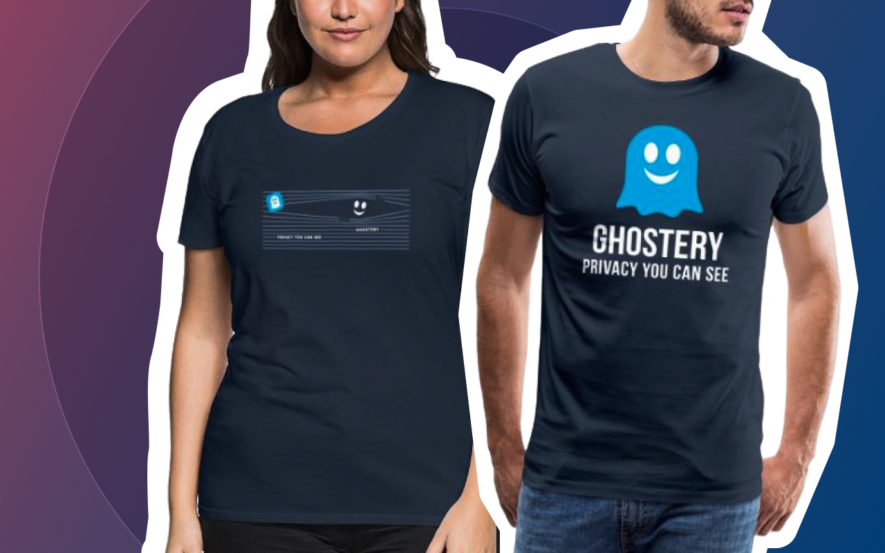 Image of two people wearing t-shirts with Ghostery branding