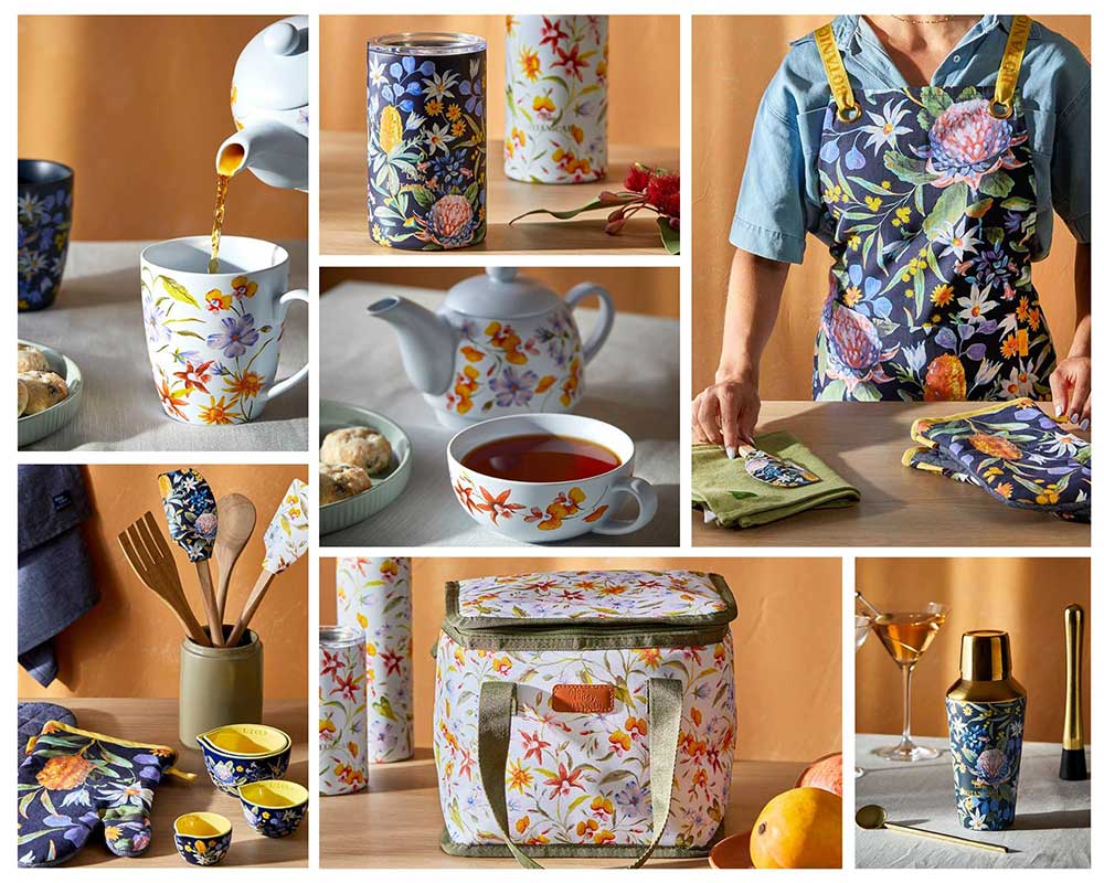 Alex Liddy Botanicah Collection, Mother's Day 2024. Collage of images with bakeware, barware, and tea and coffee gift ideas.