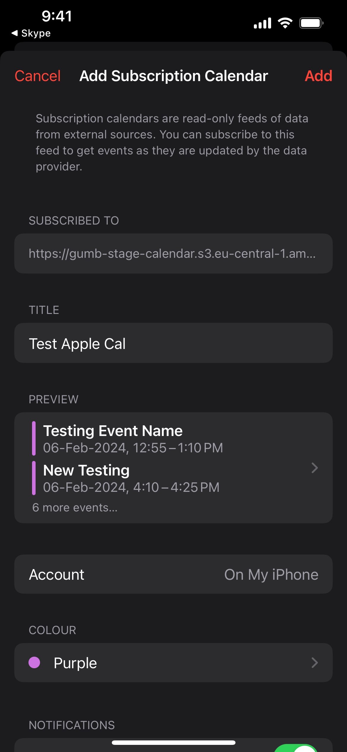 iPhone: subscription calendar settings with title, event preview, account and color