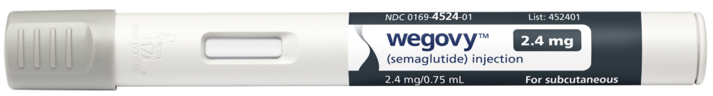 Wegovy injectable dosing pen, shown at 2.4mg strength with a black label.