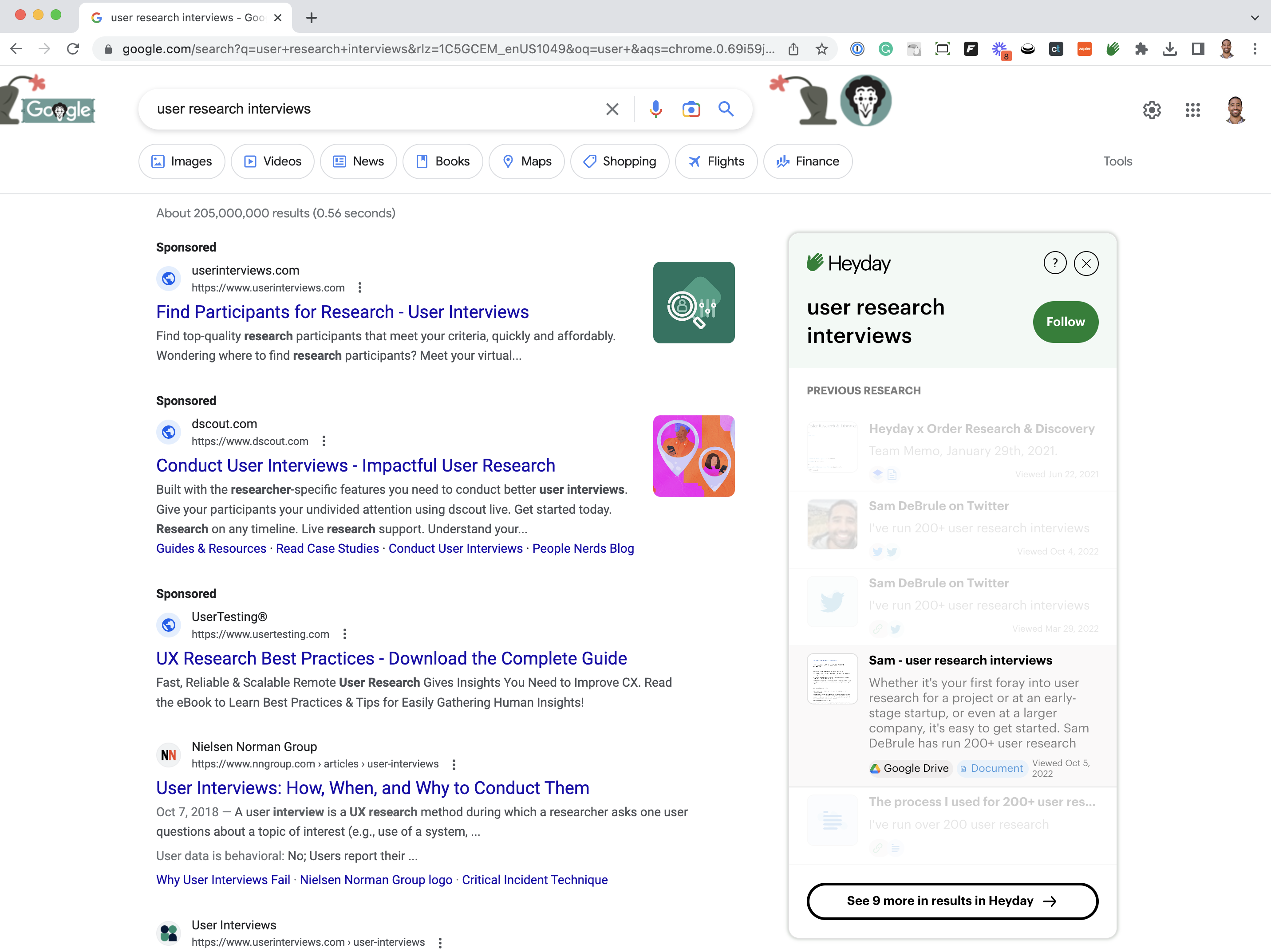 Heyday AI assistant, Chrome Browser, Heyday search result from Google Docs