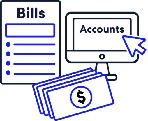 Icons for bills, bank accounts and money.