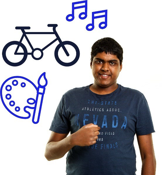 A man is smiling with pictures of painting, a bicycle and musical notes around him.