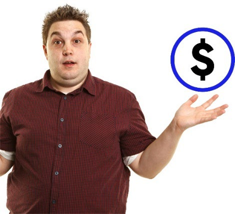 A man shrugging with a money icon.
