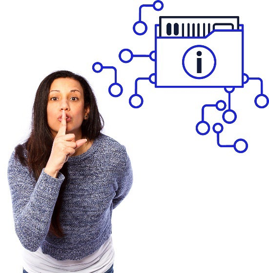 A woman with a finger to her lips. A folder of sensitive information next to her.