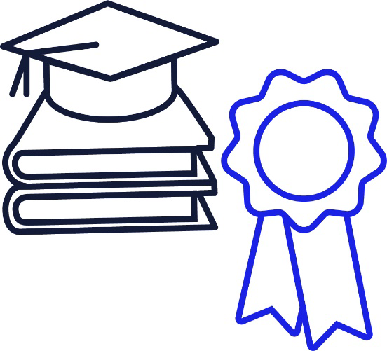 A picture of a badge, a stack of books and a graduation cap.