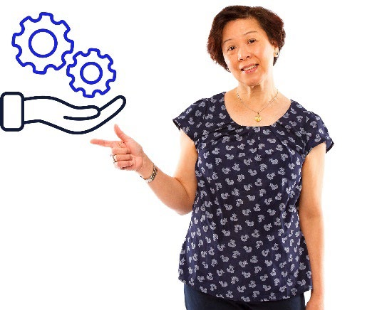 A woman pointing to a service icon.