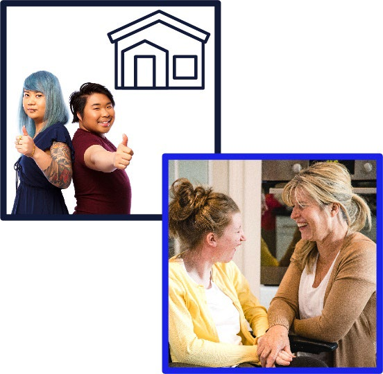 Two people in a house, they are laughing and have their thumbs up.