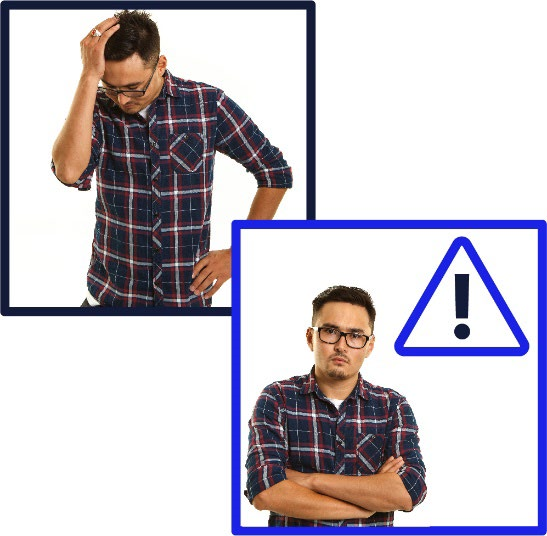 A man in distress with a warning icon.
