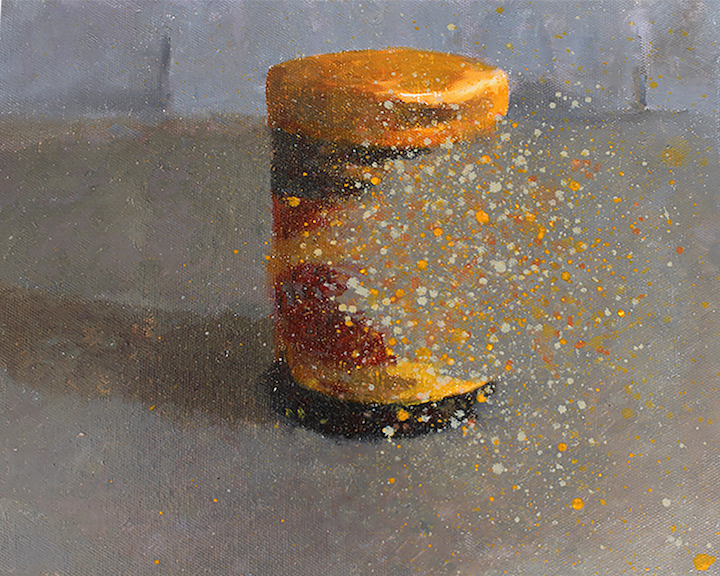 A painting of a yellow and red Vegemite jar on a grey surface. The middle and right side of the jar is dissolving away into red, yellow and white flecks.