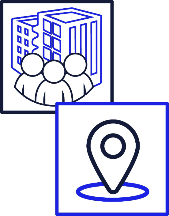 An icon for an organisation and a map marker.