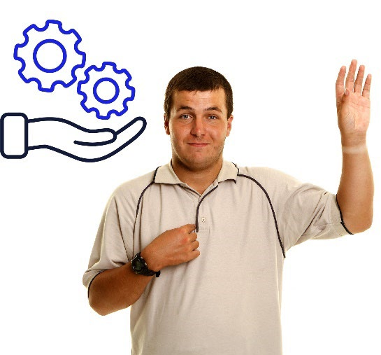 A man with his hand up and a services icon next to him.