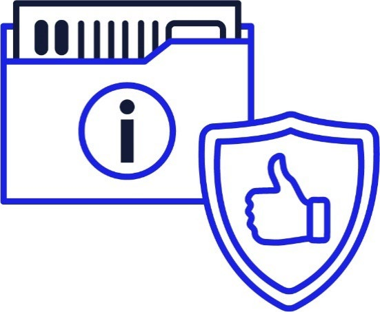 A picture of a folder of documents and a shield with a thumbs-up icon.