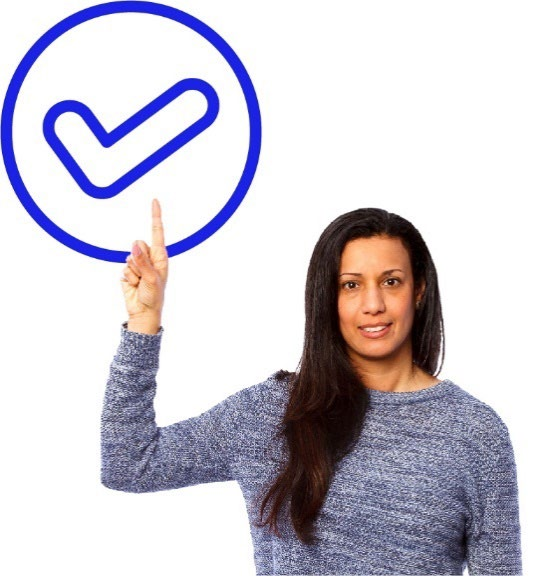 A woman with a hand up and a tick.