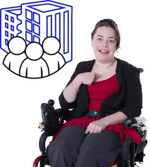 A woman pointing to herself with an organisation next to her.