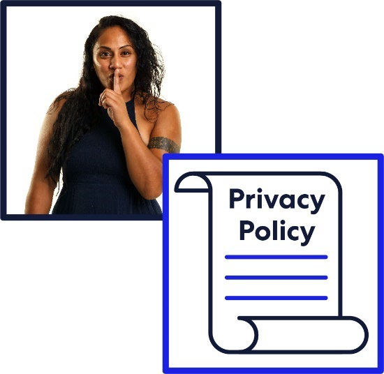 A woman with a finger to her lips and a privacy policy icon.
