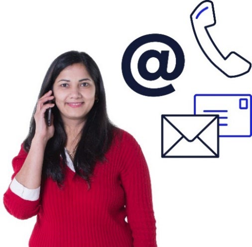 A woman on the phone with contact symbols.