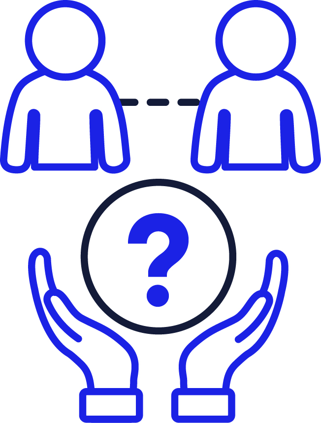 2 people with a dotted line connecting them. Below them is a support icon and a question mark.