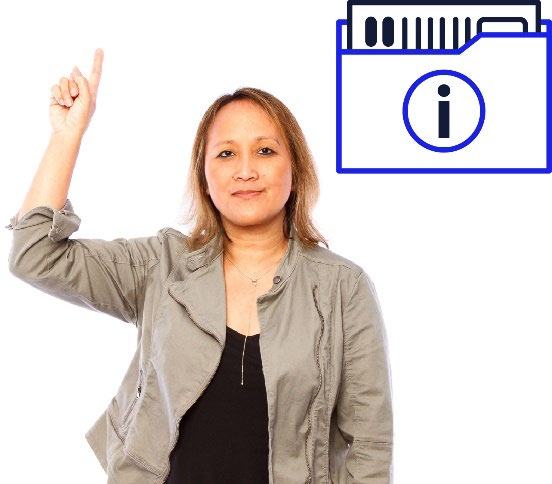 A woman holds a hand up and there is a picture of a folder.