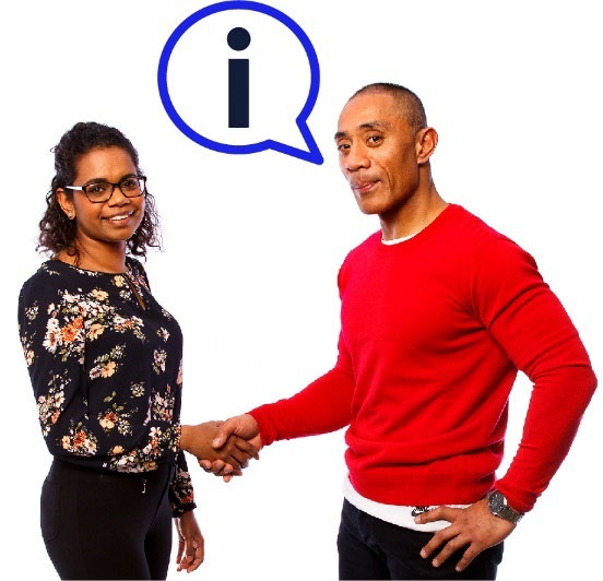 A man and woman shake hands and there is a speech bubble with the information icon.